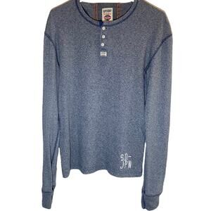 Superdry Henley Shirt 100% Cotton Embroidered Logo 1/2 Button Up Heather Blue L